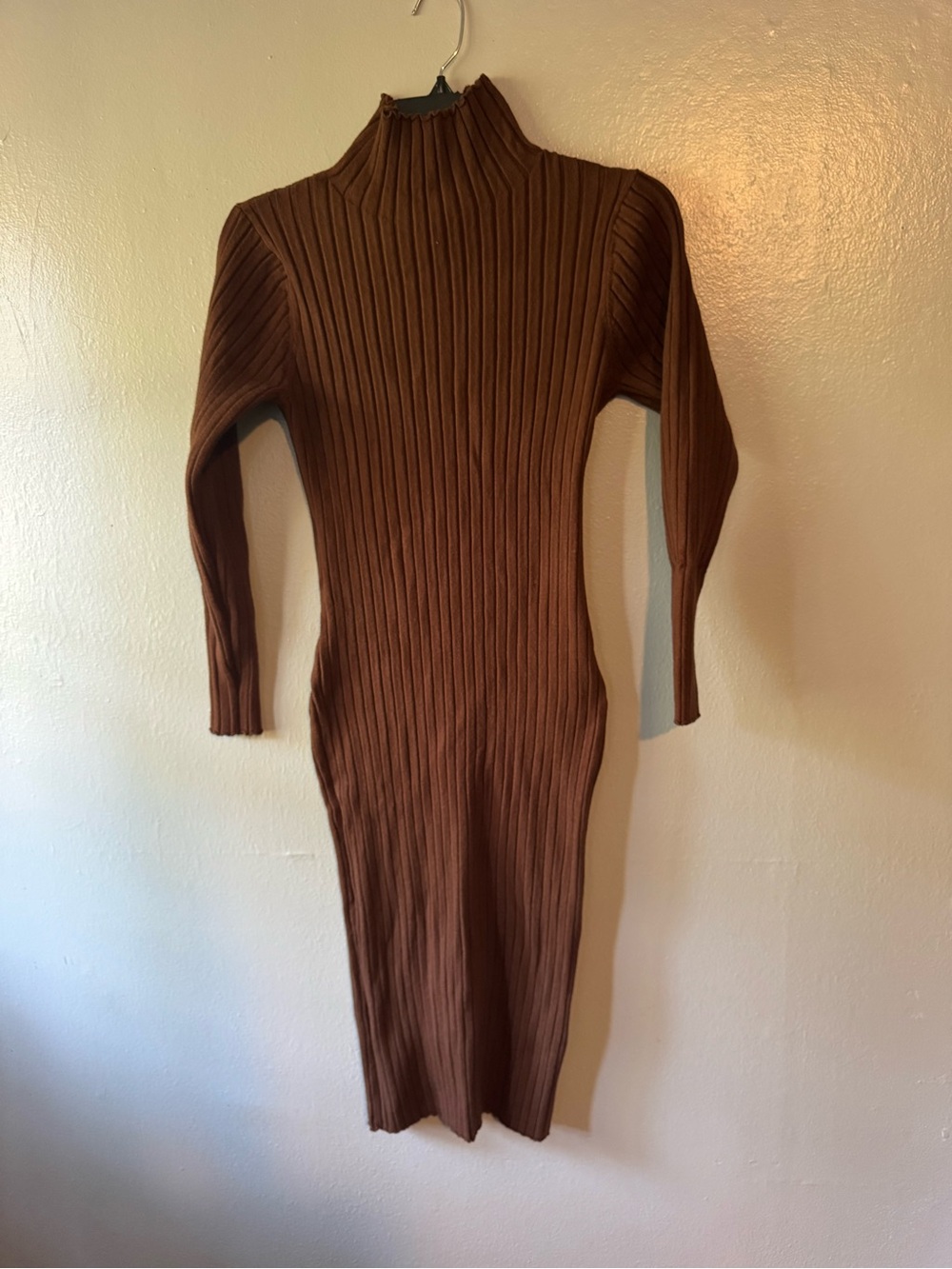 Chocolate Brown Mock Neck Long Sleeve Sweater Dress L Large Body Con Fall Winter